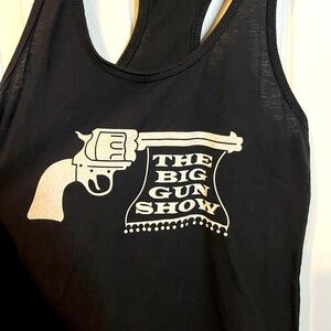 Next Level black racerback tank w/ front ‘The Big Gun Show’ band graphic sz M